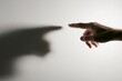 © Vitezslav Vylicil - Close-up photo of a hand gesture with a shadow resembling a gun shape on the wall, symbolizing accusation, projection, and perceived threat.