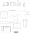 © Riki - Vector set of interior design symbols. Minimalist line art of office equipment, water dispenser, air conditioner, and treadmill for floor planning.