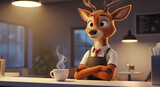 Cartoon deer in cafe attire, enjoying a cup of coffee with a relaxed mood, in a cozy cafe setting