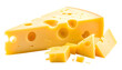 © Baba - Triangular wedge of yellow dairy food with holes, broken pieces, isolated on black