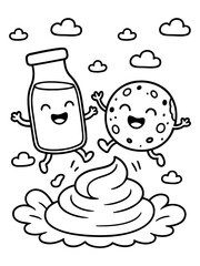  Joyful Dairy Duo: A whimsical illustration captures a milk bottle and a cookie, joyfully leaping into whipped cream under a playful sky with fluffy clouds.