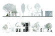 © KazeDor - Élévations architecturales transparentes et stylisées de bâtiments contemporains avec arbres, illustrant une vision urbaine moderne et épurée sur fond blanc.
