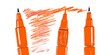 © ADwi - Drei leuchtend orangefarbene Filzstifte, einer davon zeichnet eine Skizze auf weißem, freigestelltem Hintergrund, perfekt für Kunst, Design und Bildung.