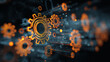 © AndyAziz - Futuristic digital technology background featuring glowing orange gears and interconnected circuit elements with a high-tech aesthetic