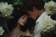 © AlparadiseDesign - Young couple rests closely embraced amongst lush white flowers and dark foliage