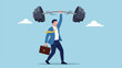 © Skyframe - A businessman in a blue suit demonstrates incredible multitasking by effortlessly lifting a heavy barbell overhead with one hand while calmly carrying a briefcase in the other against a blue sky