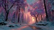 © MuhammadUsman - A winter forest dusted with snow, bathed in deep sunset colors that glow on icy branches