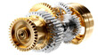© Maestro - Interlocking golden and silver gears symbolize mechanical innovation and business collaboration, ideal for corporate presentations and engineering industry marketing materials.