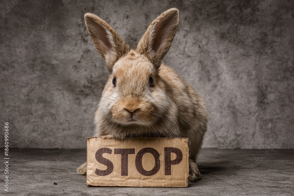 Rabbit displays stop sign advocating against animal testing in a ...