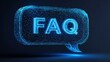 © Anca - A futuristic FAQ icon, shining with vibrant blue, hovering against a dark background, representing digital communication. ..Created with Generative AI, not depicting real subjects.