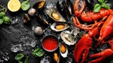 Fresh lobster, oysters, and mussels served on ice with lemon and sauce.