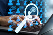 © tadamichi - Sentiment analysis and opinion mining. Data analytics using NLP and machine learning. Marketer using laptop computer to detect emotions from social media.