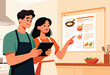 © Outkast - Couple in aprons using tablet and pointing at recipe on screen