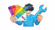 © Eryck Gusdian - Cartoon Man with VR Headset Holding Color Swatches and Wrench.