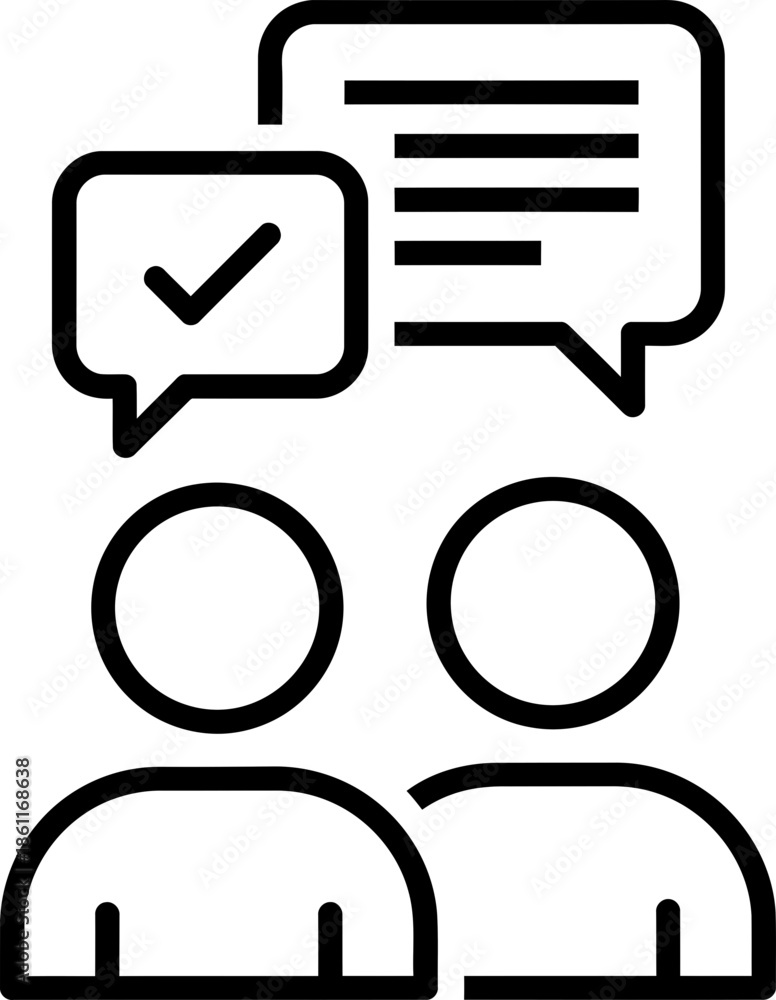 Two user people icon with speech bubble and check mark, concept of social approval, communication, dialogue, user reviews, vector outline illustration