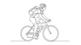 Cyclist riding a bicycle with a backpack, line art drawing of a man cycling, side view
