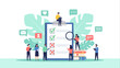© khoirul - Team conducting an online survey and evaluating tasks on a giant checklist, symbolizing successful project completion and quality control. Flat vector illustration