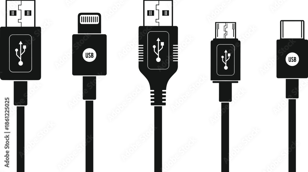 Computer Usb Connector Drawing Collection of various USB connector types including Type A Type C and ...