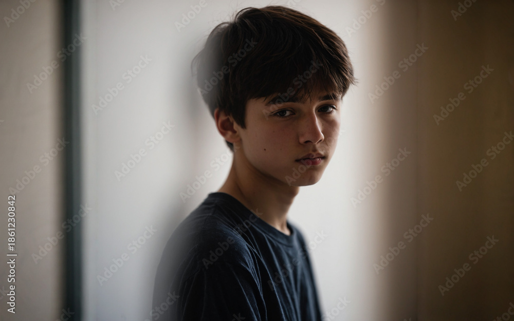young boy with a sad and vulnerable facial expression looking directly ...
