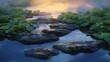 © vimp - Calm waters reflect the beauty of rocks and lily pads during twilight hours