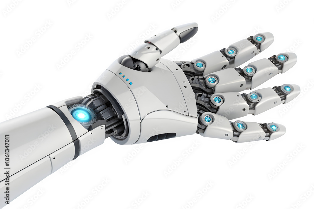 A white futuristic robotic hand and arm with glowing blue lights on a ...