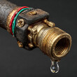 © Strother - Close up of aged industrial brass pipe fitting with colorful wires and single water droplet symbolizing infrastructure maintenance leakage and precious resource conservation