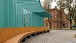 © ABU SAYED - Modern Curved Wooden Bench and Teal Pergola Against Historic Brick Building Facade