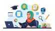 © SHAFIQURREHMAN - Young Muslim woman studying with books and educational icons concept of online learning and knowledge flat vector illustration