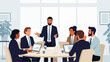 © Maya - Flat vector illustration depicting a business team collaborating around a conference table with graphs and ideas. Solid colors, no gradients, ideal for business presentations and corporate websites.