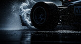Dramatic close-up of a racing car tire splashing through water on a wet track at night — high-speed, intense, and cinematic motorsport action