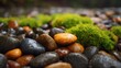 © Thares2020 - Close up of wet moss growing on smooth pebbles during a gentle rain shower