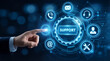 © Hiskia - Businessman hand touching 'SUPPORT' button on a digital dashboard with customer service icons. Concept of technical support, help desk, and online client assistance in modern business.