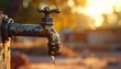 © mienakae - Close-up of a single drop of water falling from a rusty old outdoor faucet. Concept of water scarcity, drought, climate change, and the importance of conserving this precious natural resource.