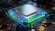 © ibhonk - Futuristic central processing unit glowing with bright electric blue and green light sits on a dark electronic motherboard.