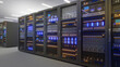 © oselote - Black storage and processing unit, large AI processing server room, data center storage and network processing room, SSD and hard disk drive storage, and processor cooling system,3D rendering