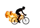 Dynamic cyclist with flames erupting from bike wheels