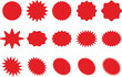 © uniqueartr - Red promotional burst shapes set for sale and discount designs. Suitable for ads, banners, stickers, labels, posters, flyers, and marketing visuals.
