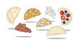 © siswo - An illustrative collection of diverse food elements showcasing various culinary textures and preparations from savory dough to sweet fruit tarts and
