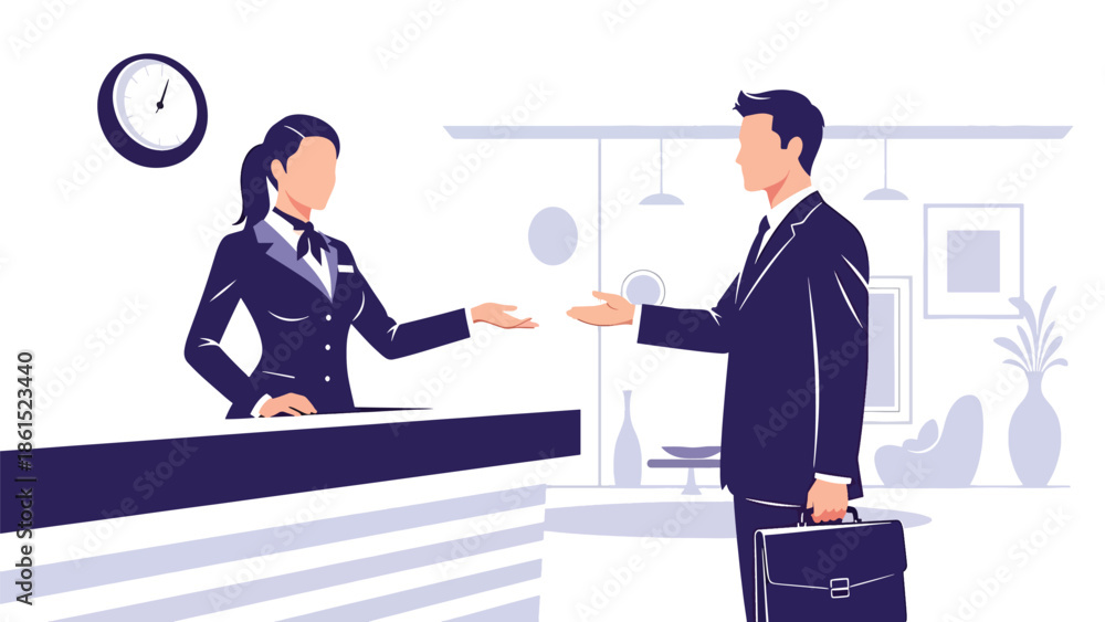 Modern vector illustration of hotel receptionist welcoming guest at front desk in modern lobby, hospitality service industry, travel accommodation, and customer experience concept