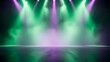 © sajal - Dramatic Stage Lighting: An atmospheric image of a stage bathed in vibrant green and purple light beams, creating an intense spectacle within an ethereal mist.