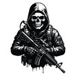 © DhrubaDas - Black and white illustration of a hooded skeleton holding a rifle