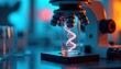 © miss irine - Microscope examines glowing DNA strand in test tube. Lab research shows genetic code structure. Science, biology, and discovery blend in this molecular analysis.