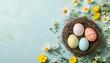© wolfelarry - hyper realistic photo of Happy Easter concept with easter eggs in nest and spring flowers. Easter background with copy space