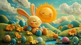 A whimsical Happy Easter landscape in an animated movie style, bunnies gathering colorful eggs 
