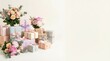 © Andrey - Many pastel color gift boxes with bows and flower bouquet. Elegant birthday or holiday celebration present concept with copy space for congratulation.