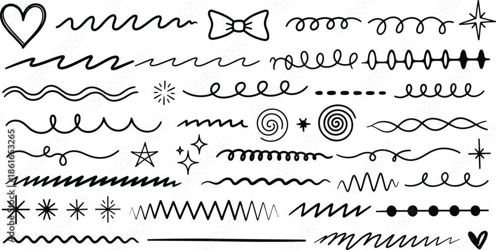 Hand Drawn Squiggle Line Set, Decorative Underline Strokes, Calligraphy Swirl Elements, Doodle Sparkles, Stars, Heart, Bow, Zigzag Border, Scribble Graphic, Collection.