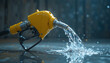 © Nafees - A yellow fuel pump nozzle dispensing gasoline with a splash effect on a reflective surface.