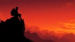 © ProStockGallery - Solitary Hiker Silhouette on Mountain Cliff Edge Gazing at a Dramatic Red and Orange Sunset Over a Vast Layered Landscape.