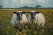 © sunny - Two attentive black-faced sheep standing close in a wildflower meadow under an overcast sky, calm and curious pastoral portrait