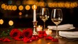 © ABU IMAGE - Romantic dinner setup with wine glasses, roses, and candles on a table in a cozy restaurant with warm lighting ambiance